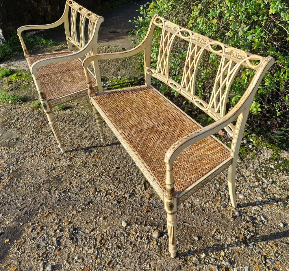 Pair of country house decorated cane seat sofa window seats. View VIII