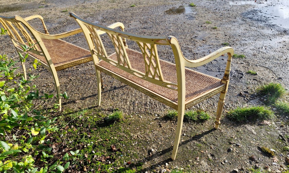Pair of country house decorated cane seat sofa window seats. View XVI