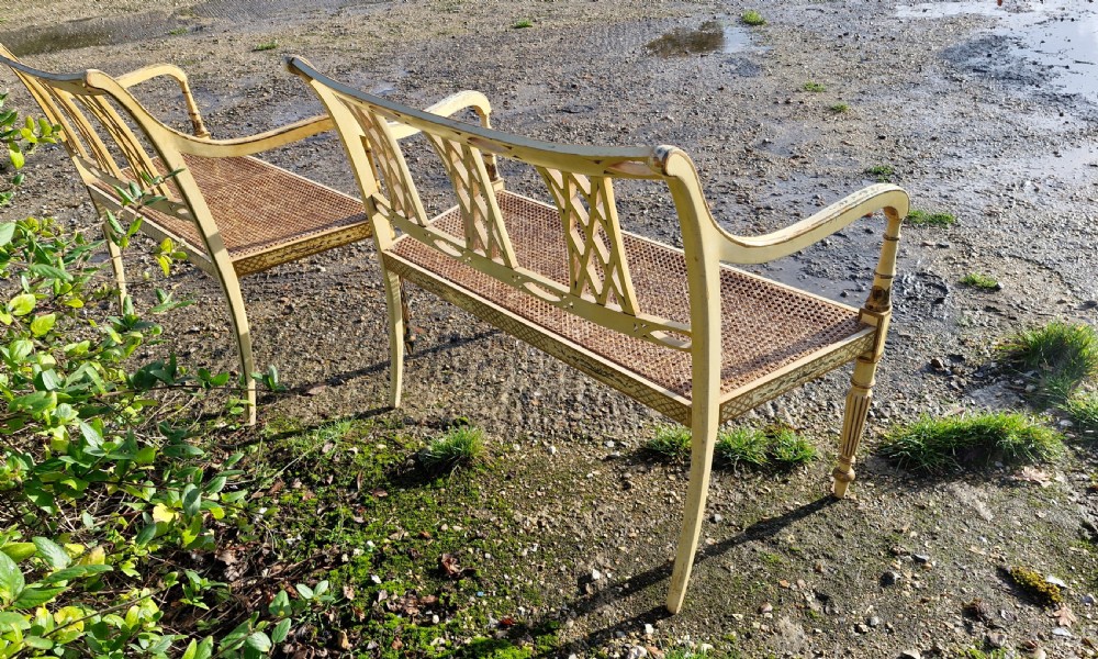 Pair of country house decorated cane seat sofa window seats. View XVII