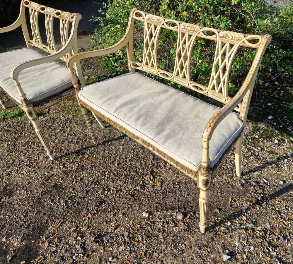 Pair of country house decorated cane seat sofa window seats. View XXVI