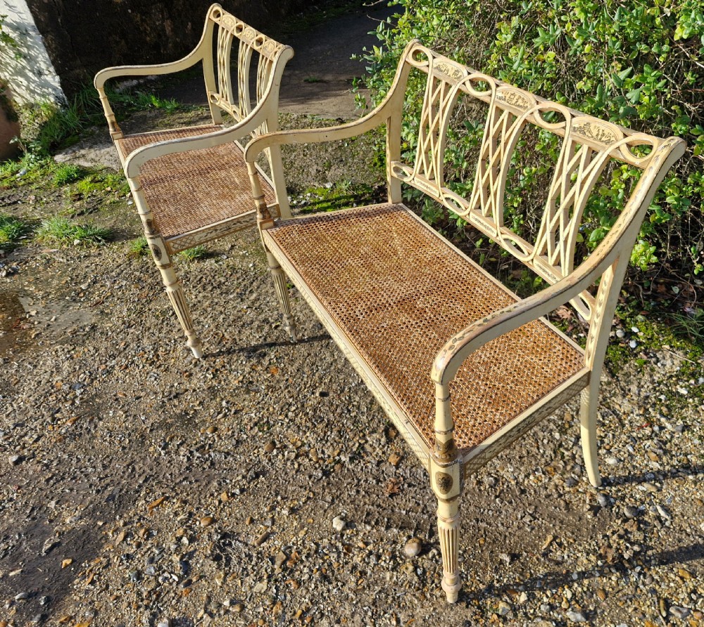 Pair of country house decorated cane seat sofa window seats. View XXX