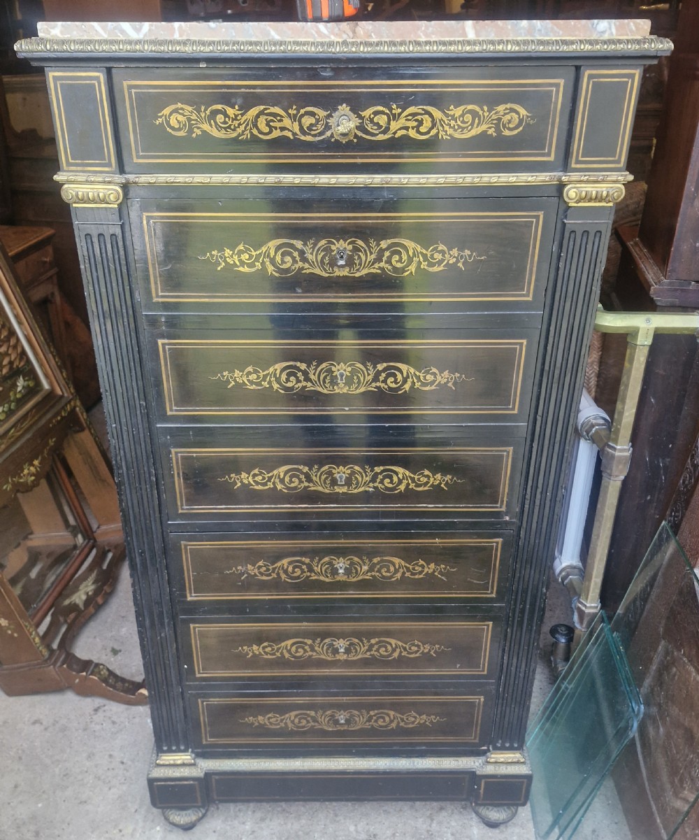Brass inlaid escritoire writing desk chest.