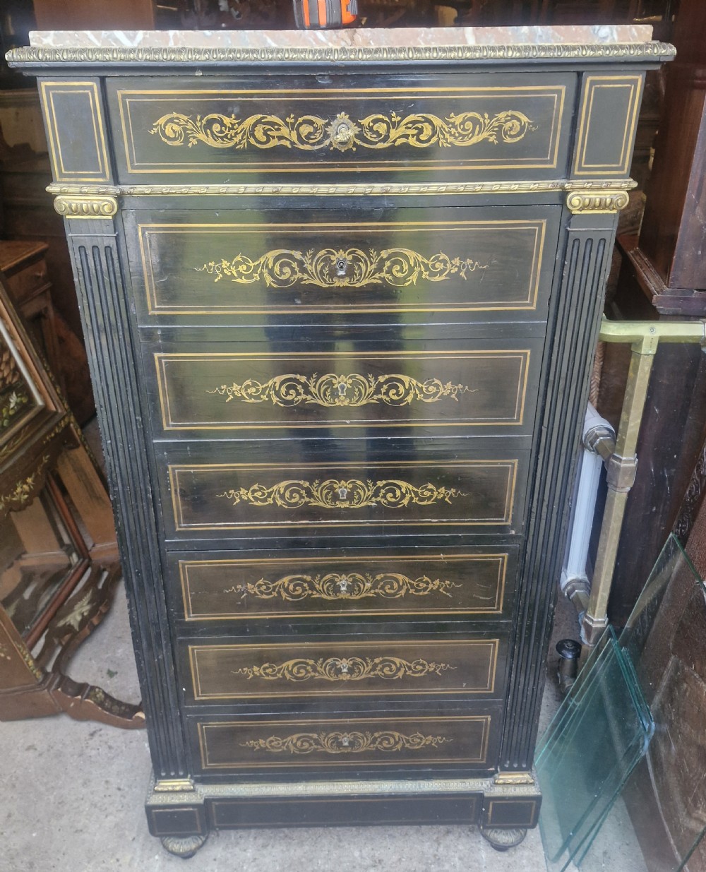Brass inlaid escritoire writing desk chest. View IX