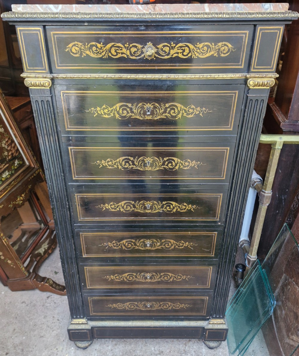 Brass inlaid escritoire writing desk chest. View XI