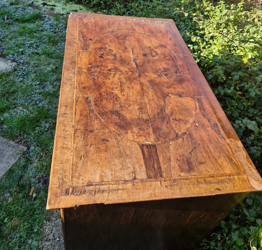 Early 18th century walnut chest of drawers for restoration.  View V