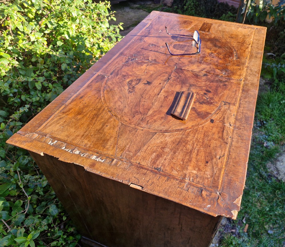 Early 18th century walnut chest of drawers for restoration.  View VIII