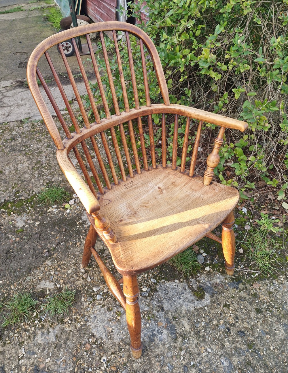 19th century stick back Windsor armchair with makers stamp.  View III