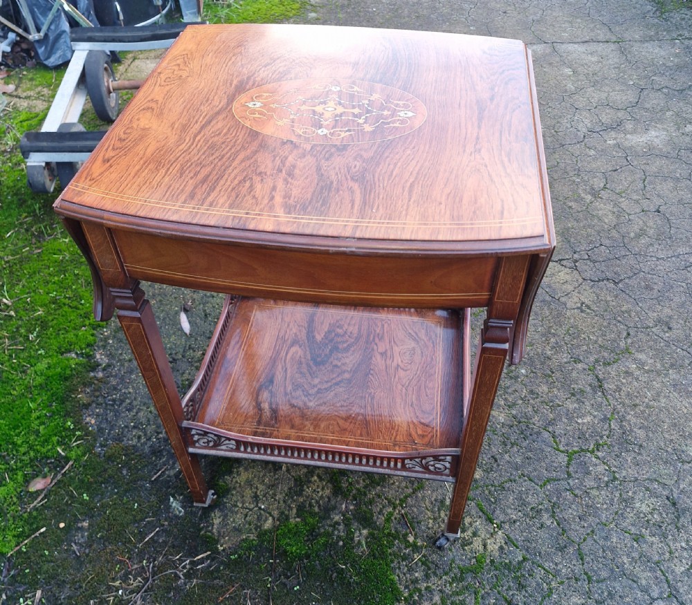 Late Victorian inlaid rosewood tea trolley.  View VI