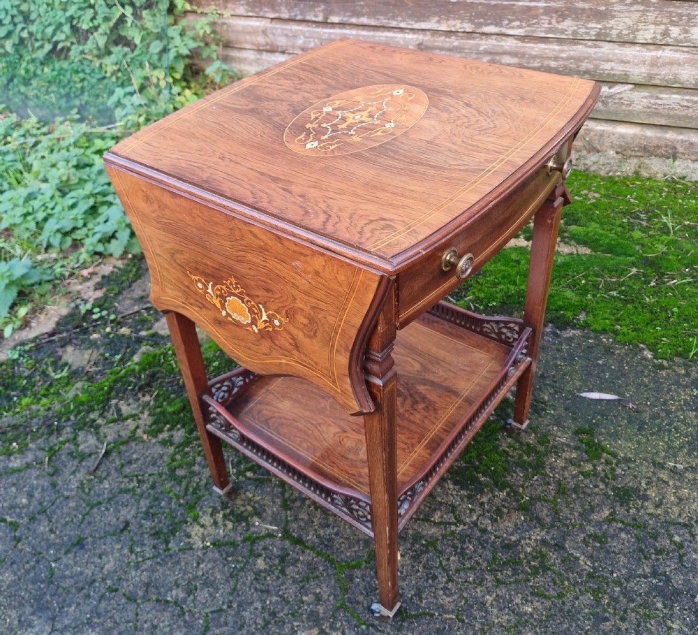 Late Victorian inlaid rosewood tea trolley.  View VIII