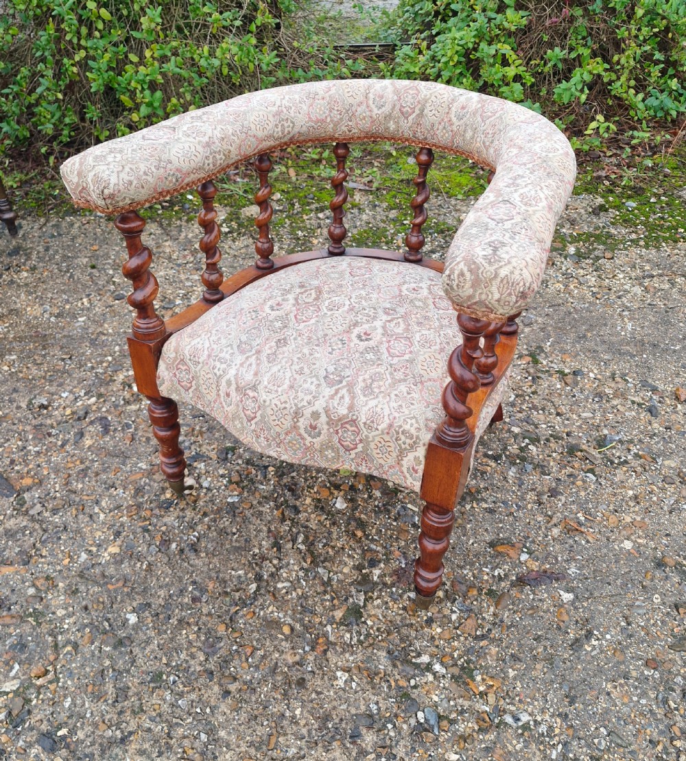 Victorian barley twist upholstered armchair.  View II