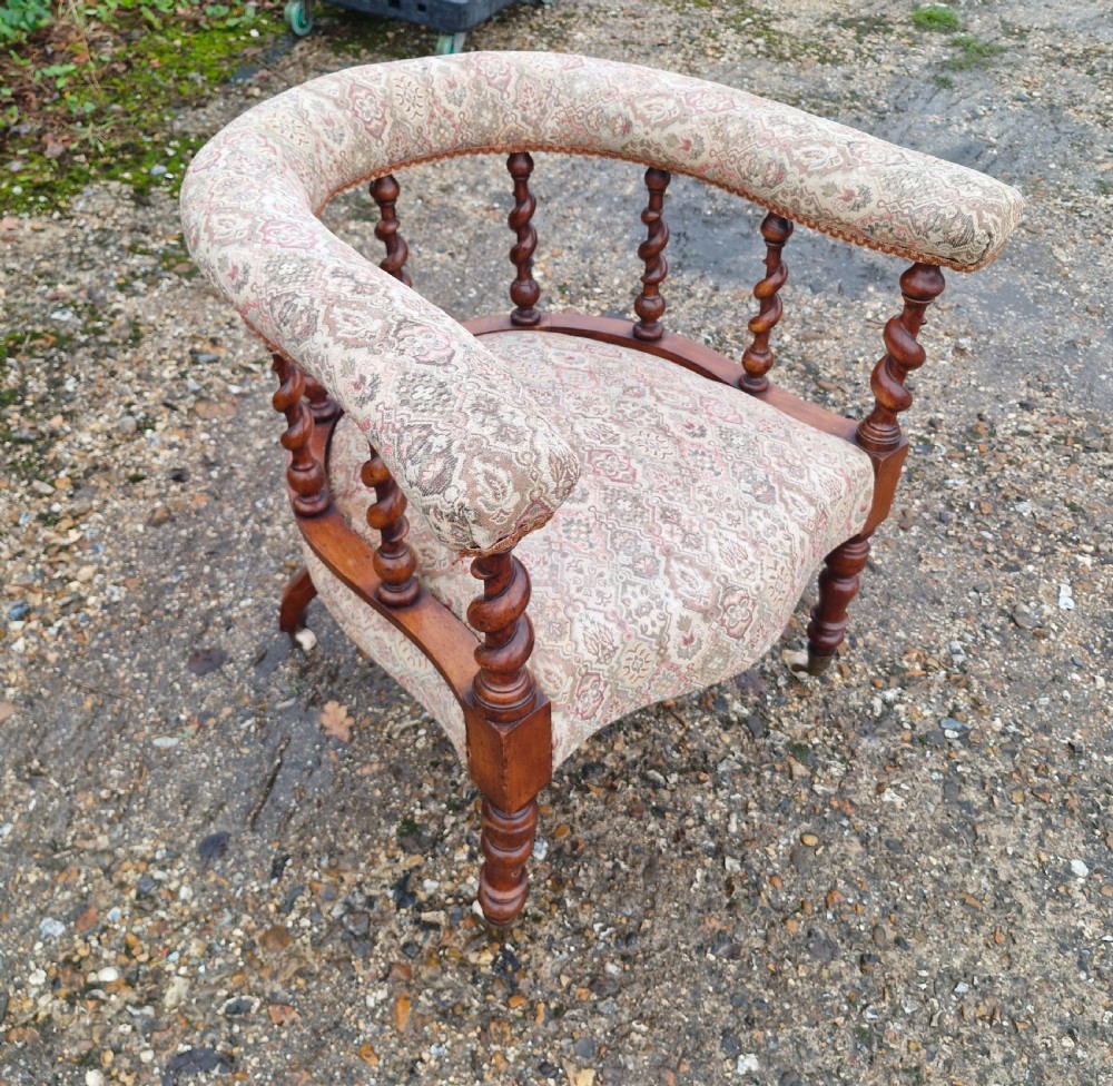 Victorian barley twist upholstered armchair.  View III