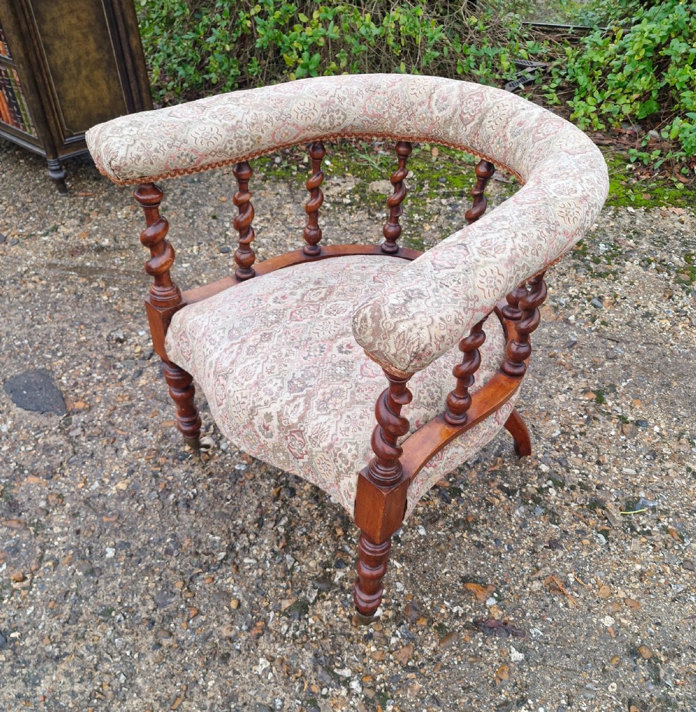 Victorian barley twist upholstered armchair.  View IV
