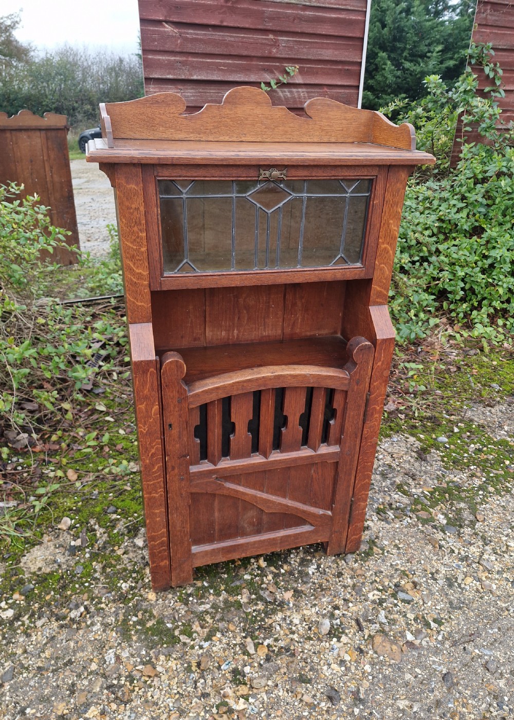 Unusual arts and crafts oak bookcase cabinet. 