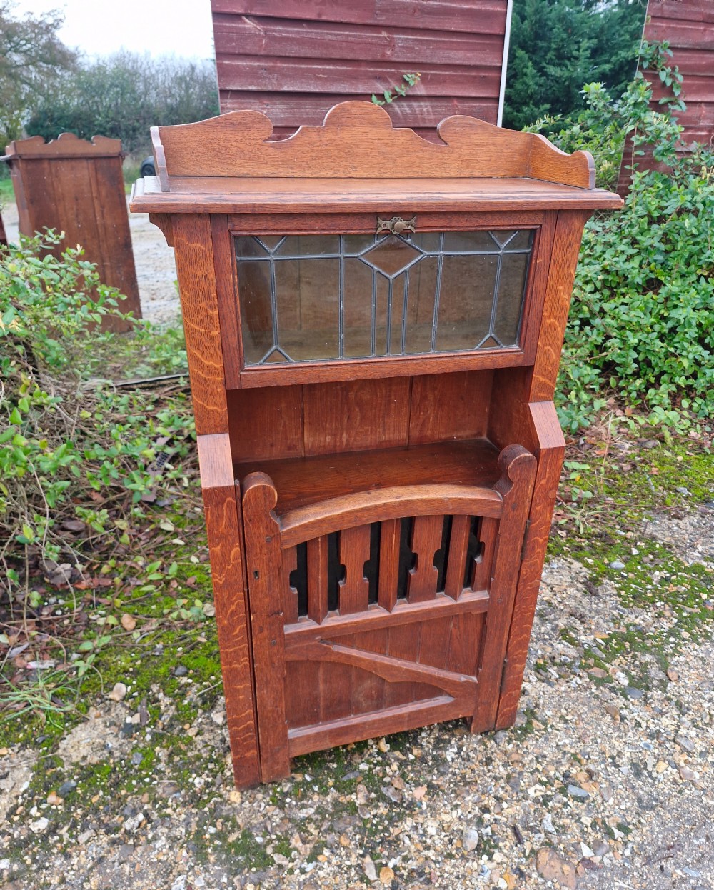 Unusual arts and crafts oak bookcase cabinet.  View V