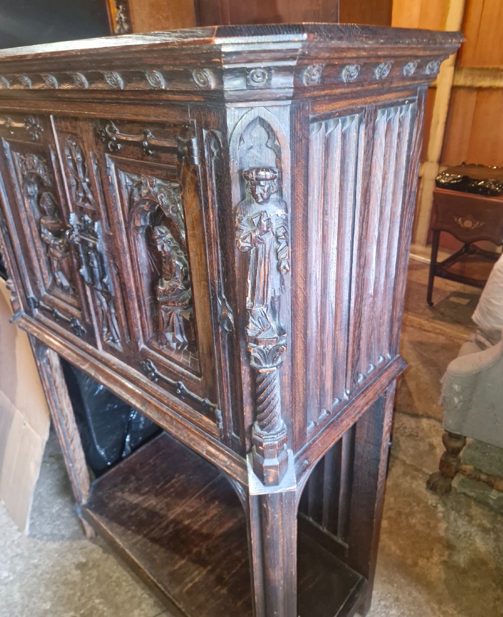 Victorian carved oak Gothic revival hall cupboard.  View V