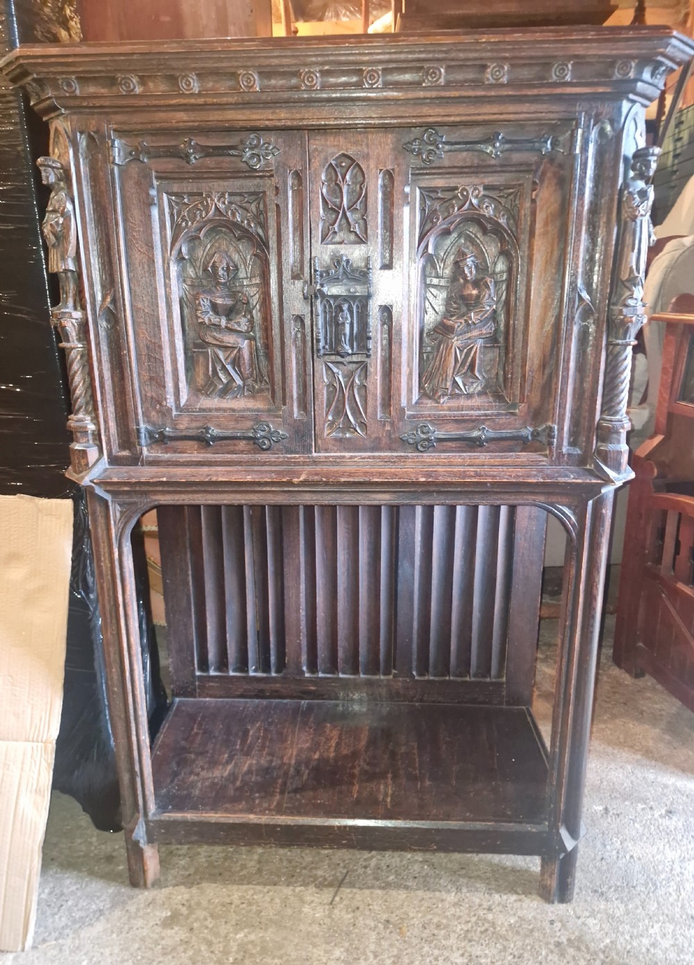 Victorian carved oak Gothic revival hall cupboard.  View VII