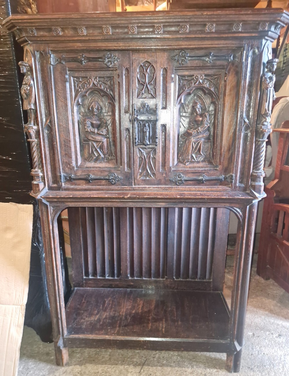 Victorian carved oak Gothic revival hall cupboard.  View X