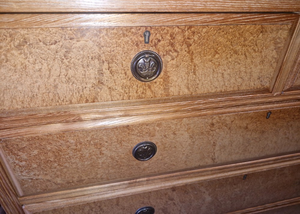 Good late Victorian Ash and birds eye maple chest of drawers.  View V