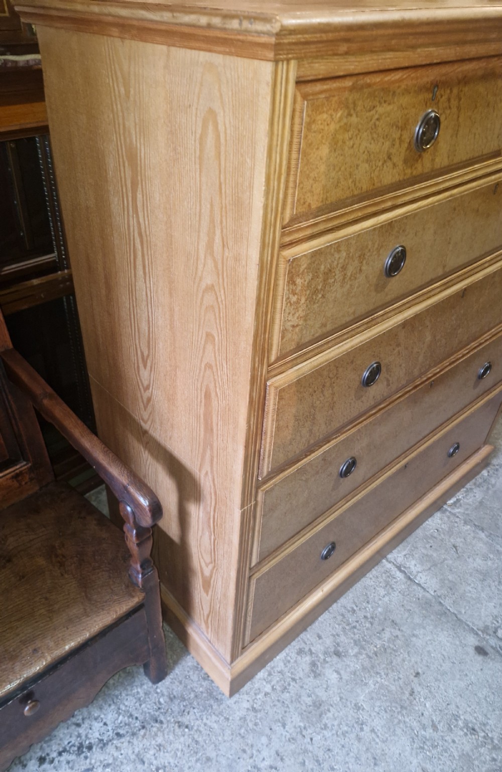 Good late Victorian Ash and birds eye maple chest of drawers.  View VII