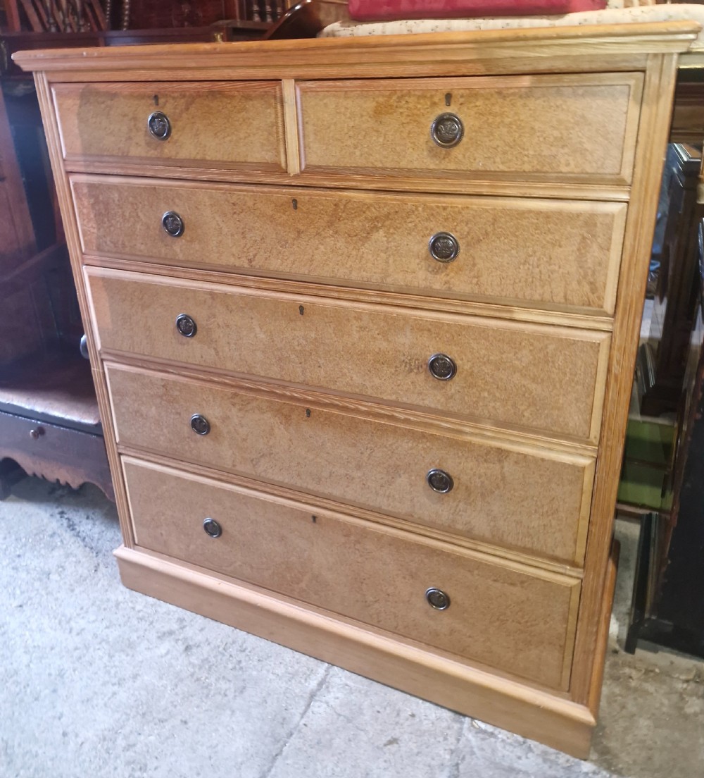 Good late Victorian Ash and birds eye maple chest of drawers.  View X