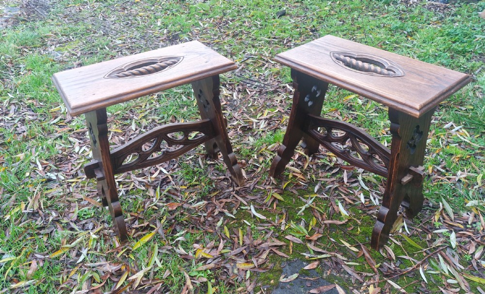 Pair of Gothic revival oak table stools