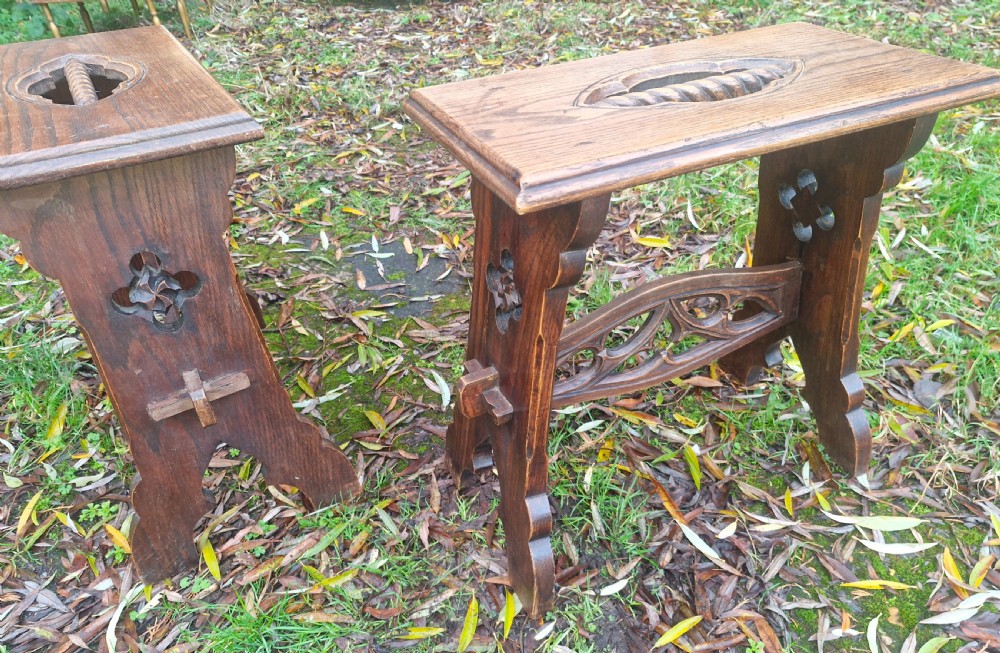 Pair of Gothic revival oak table stools View II