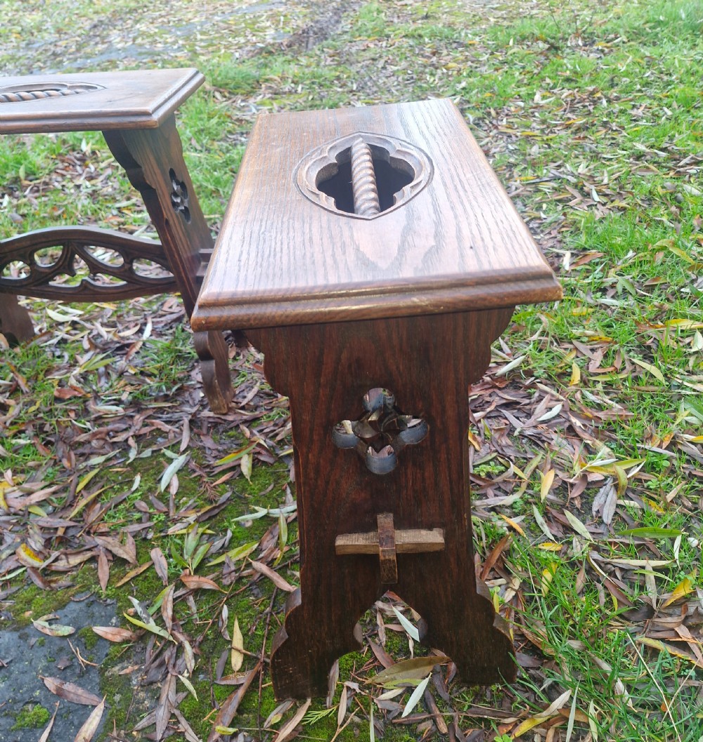 Pair of Gothic revival oak table stools View III