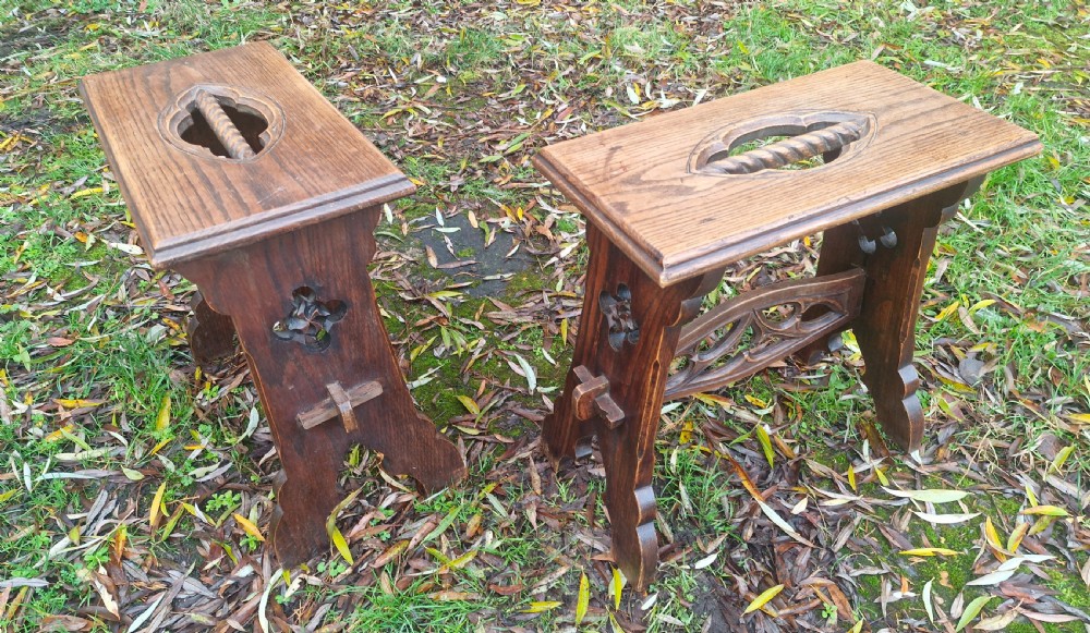 Pair of Gothic revival oak table stools View V