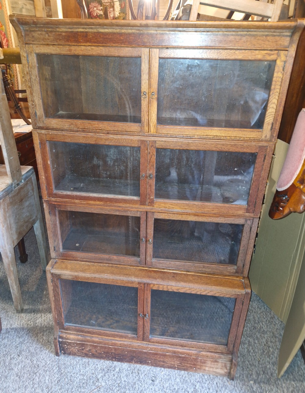 Oak 4 section Sectional glazed bookcase cabinet. 
