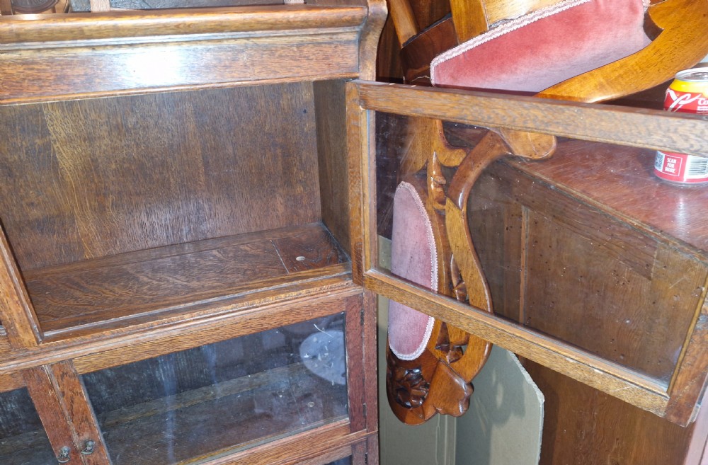 Oak 4 section Sectional glazed bookcase cabinet.  View II