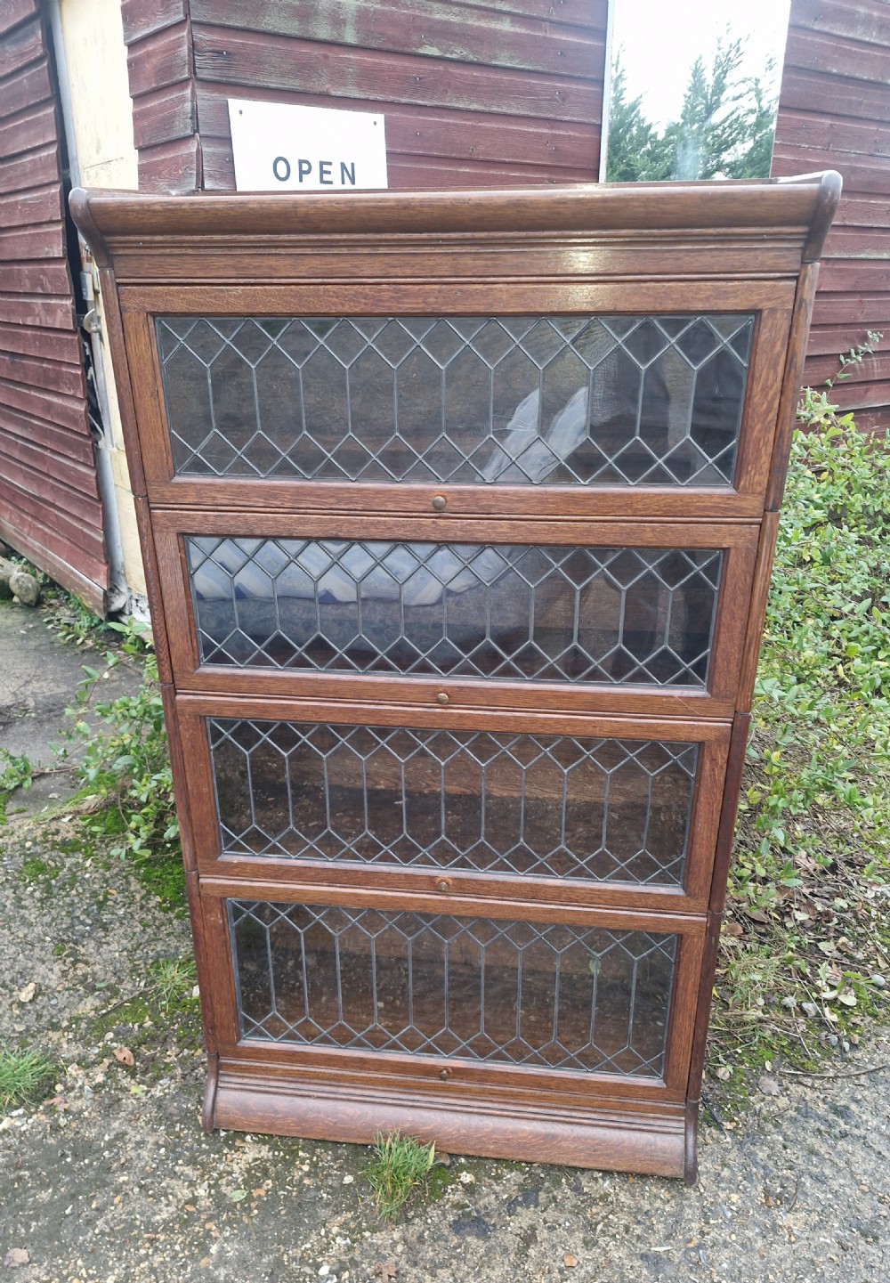 Oak Leaded glazed Globe Wernicke style bookcase cabinet. 