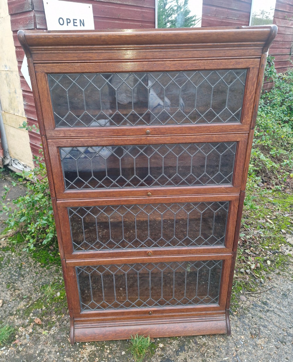 Oak Leaded glazed Globe Wernicke style bookcase cabinet.  View II