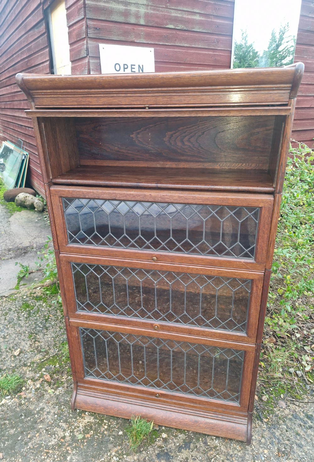 Oak Leaded glazed Globe Wernicke style bookcase cabinet.  View III
