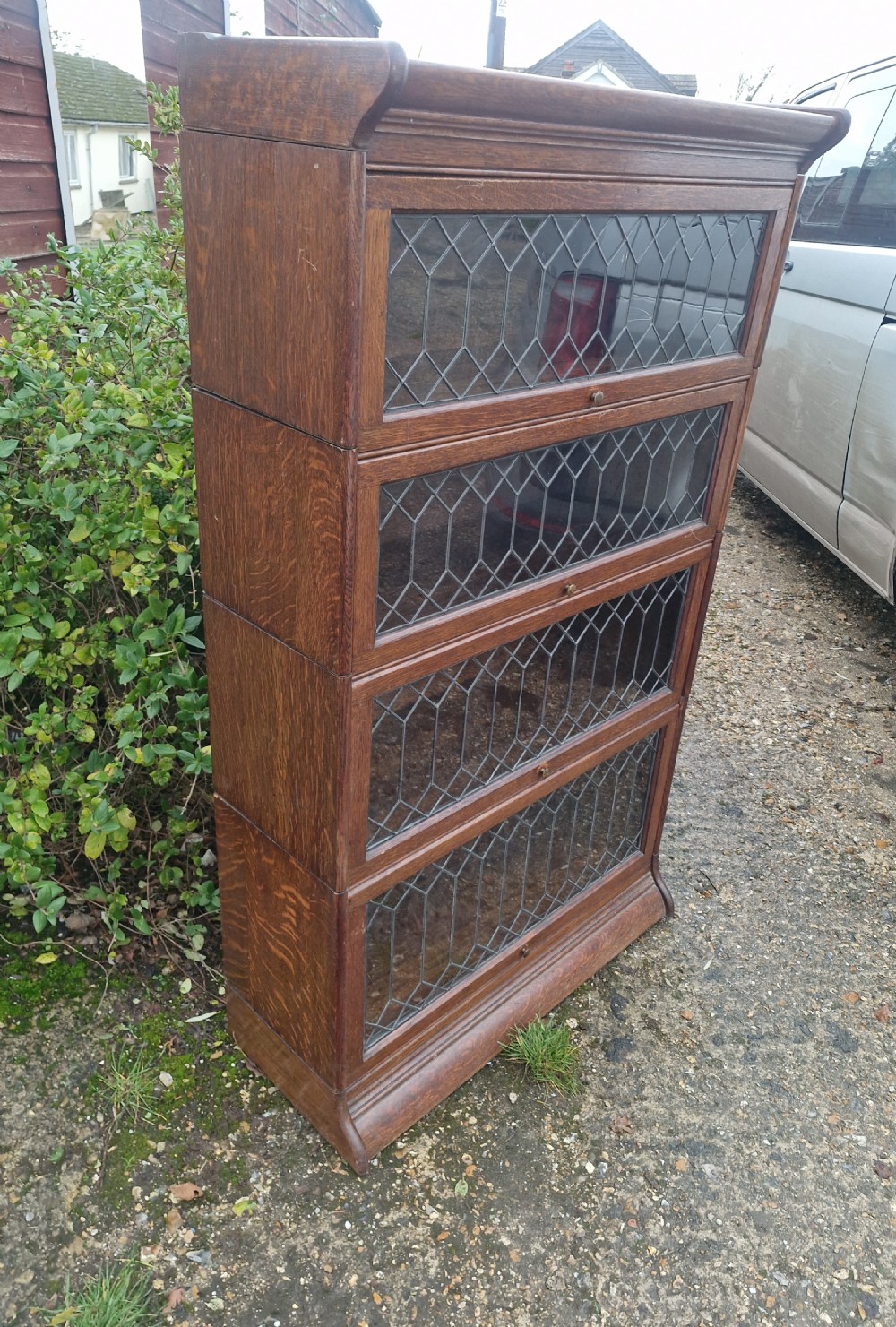 Oak Leaded glazed Globe Wernicke style bookcase cabinet.  View VI