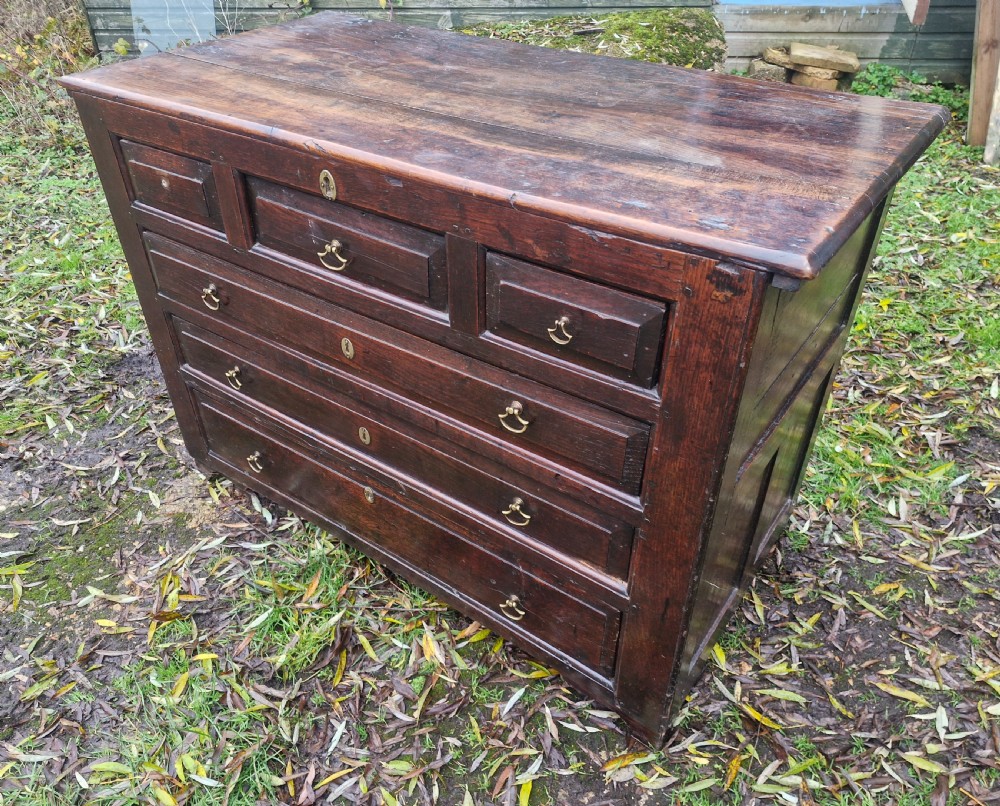 A dark brown Georgian oak chest of drawers featuring geometric moulded drawer fronts and brass drop handles. View II