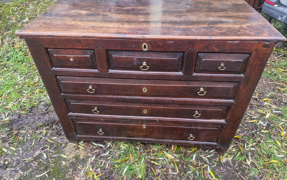 A dark brown Georgian oak chest of drawers featuring geometric moulded drawer fronts and brass drop handles. View IV