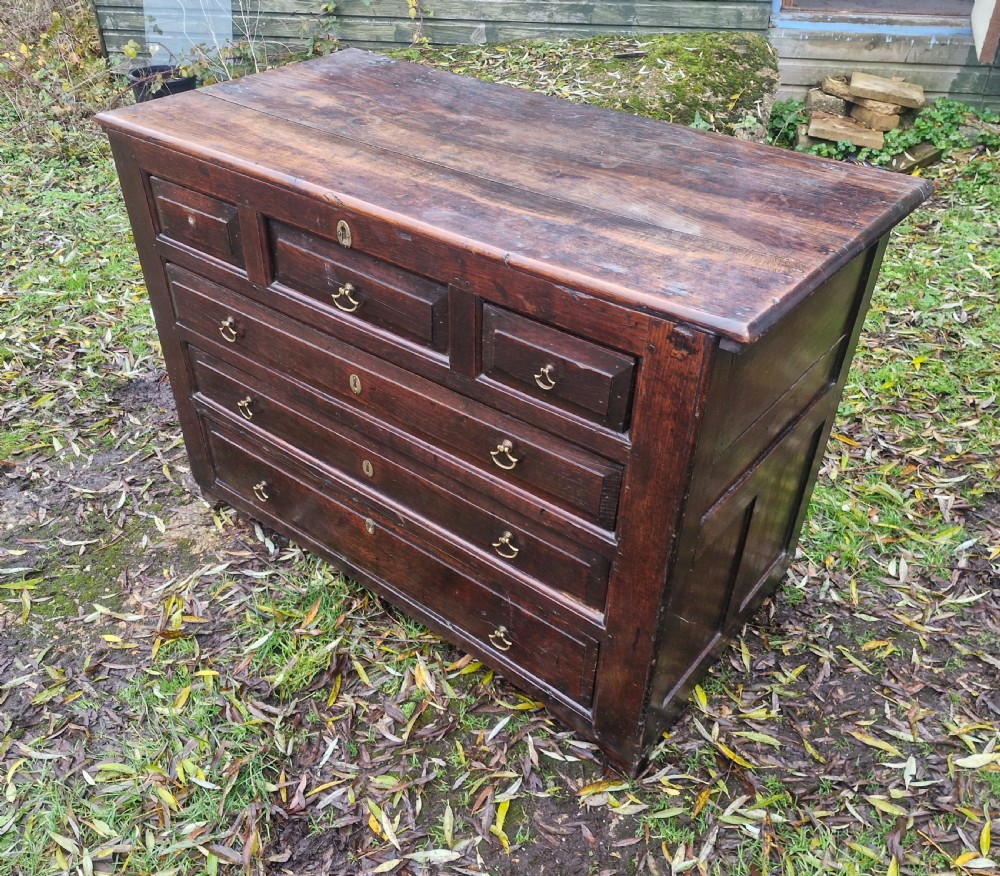 A dark brown Georgian oak chest of drawers featuring geometric moulded drawer fronts and brass drop handles. View VI