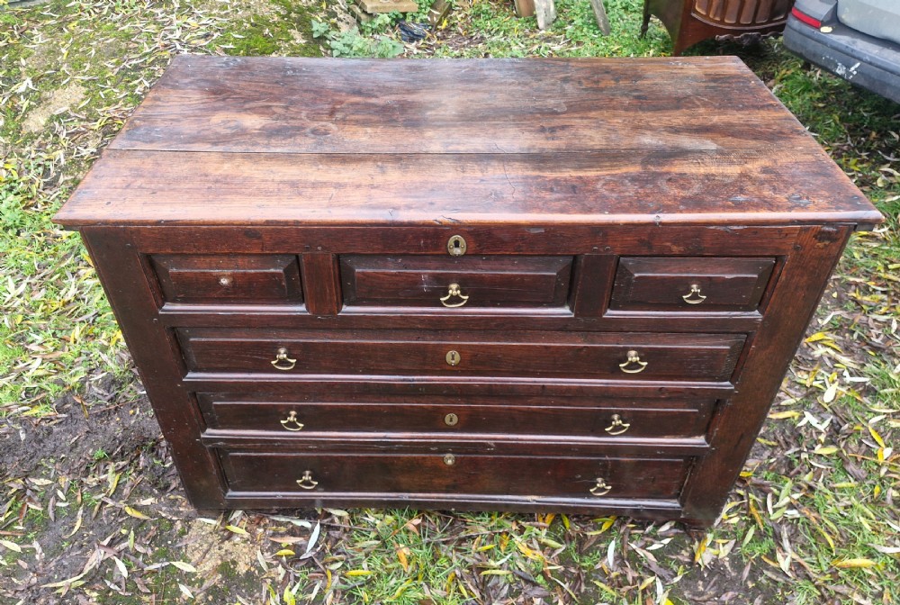 A dark brown Georgian oak chest of drawers featuring geometric moulded drawer fronts and brass drop handles. View VIII