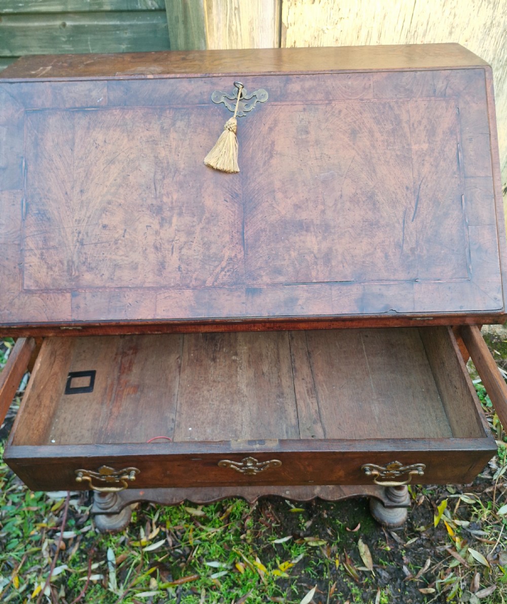 A Queen Anne style burr walnut and burr elm slant-front writing bureau raised on turned legs with a stretcher base. View X