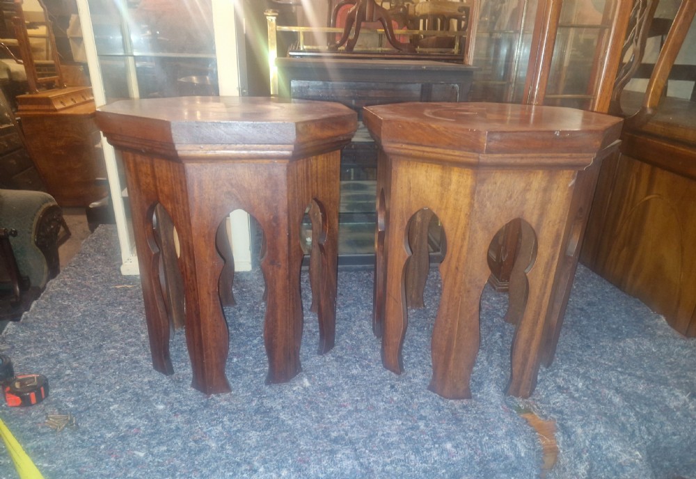 Pair of Moorish influence mahogany occasional tables.  View II