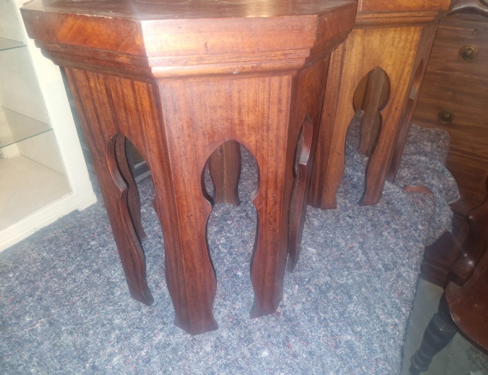 Pair of Moorish influence mahogany occasional tables.  View III