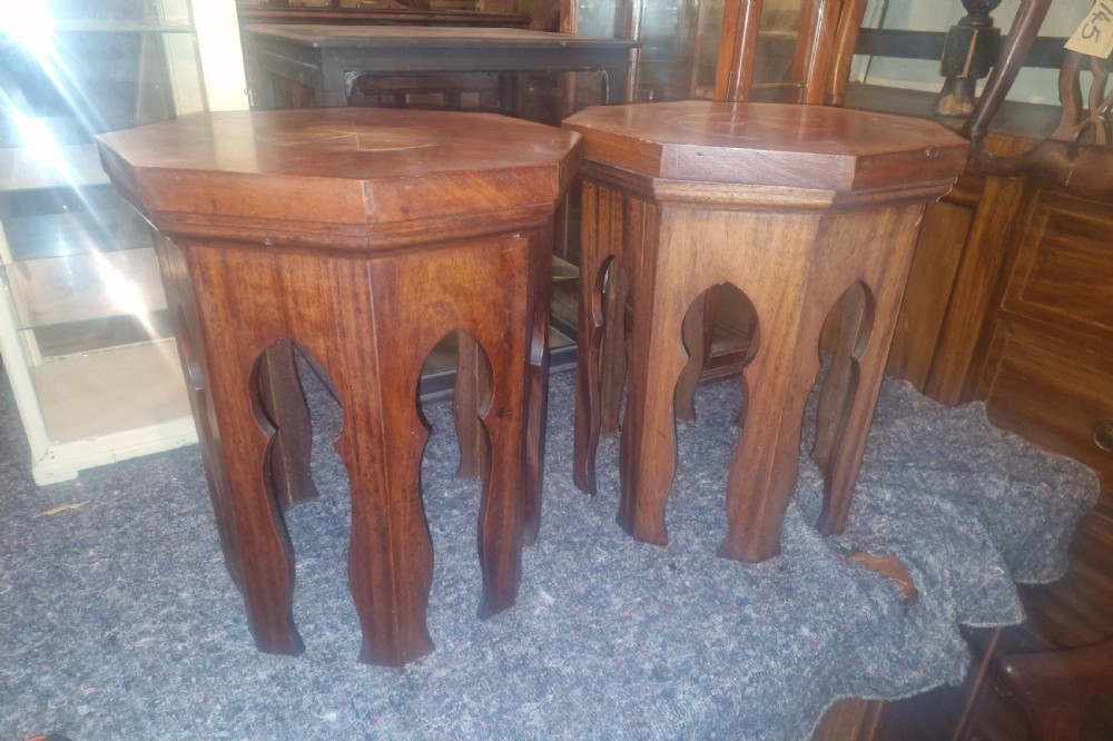 Pair of Moorish influence mahogany occasional tables.  View IV