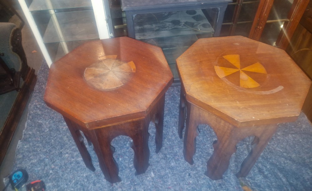 Pair of Moorish influence mahogany occasional tables.  View V