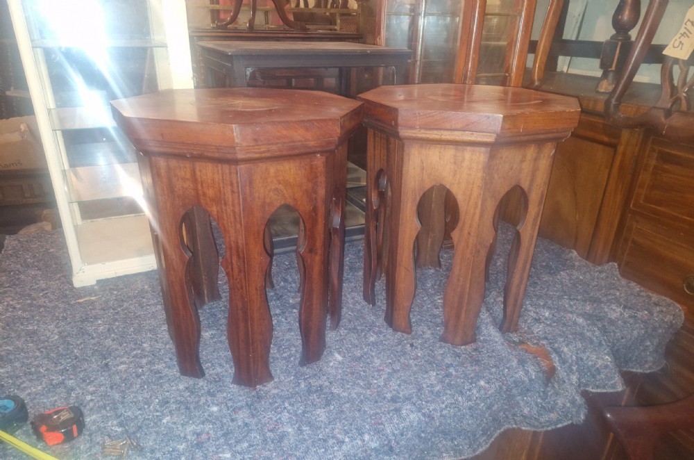 Pair of Moorish influence mahogany occasional tables.  View VII
