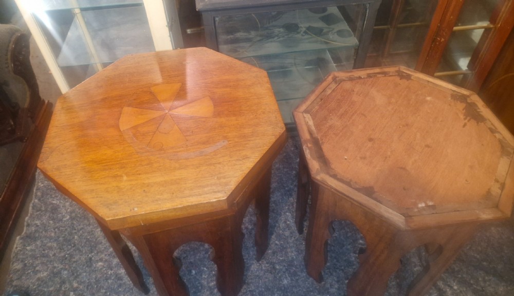 Pair of Moorish influence mahogany occasional tables.  View VIII