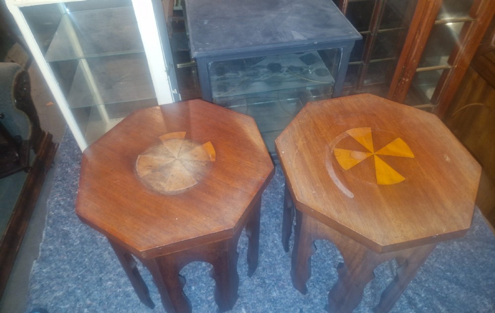 Pair of Moorish influence mahogany occasional tables.  View IX