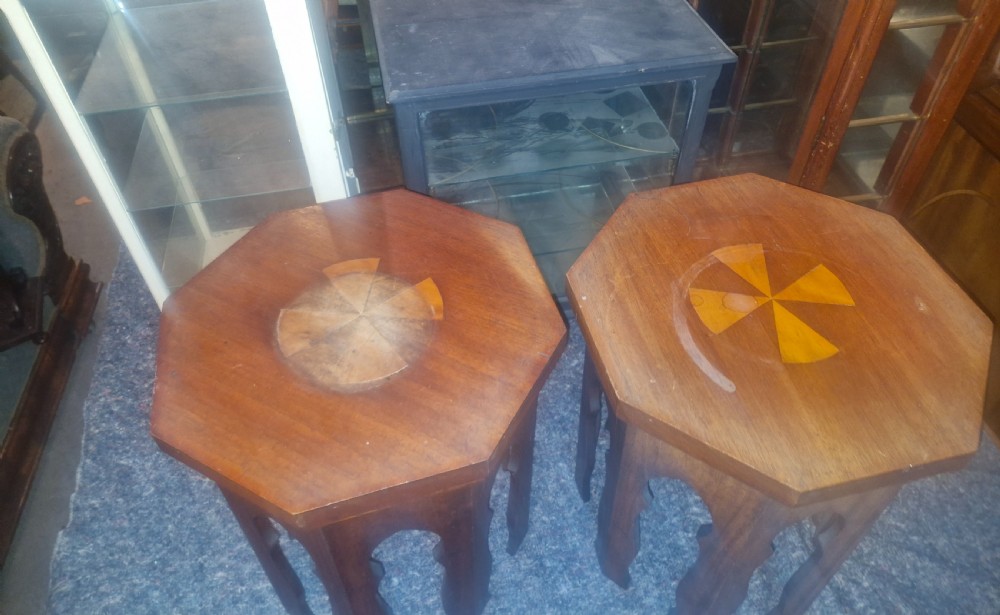 Pair of Moorish influence mahogany occasional tables.  View X