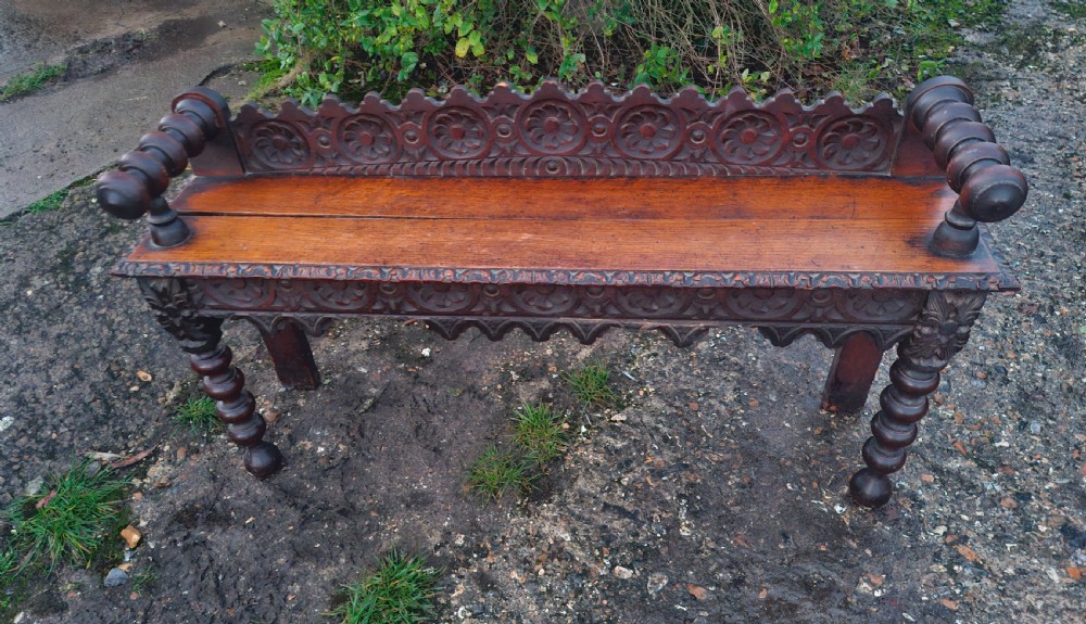 Victorian carved oak hall seat bench. 