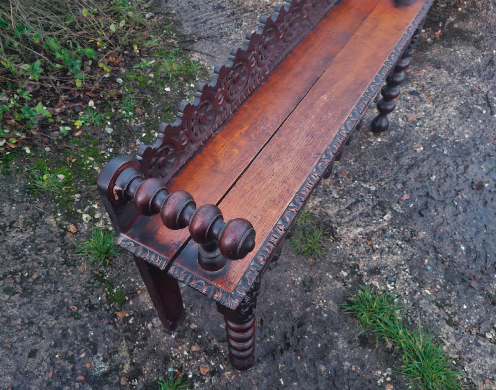 Victorian carved oak hall seat bench.  View II