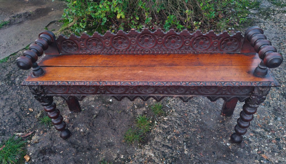 Victorian carved oak hall seat bench.  View III